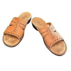 Clarks Bendables Woven Brown Leather Slip on Sandals, Size 8 B